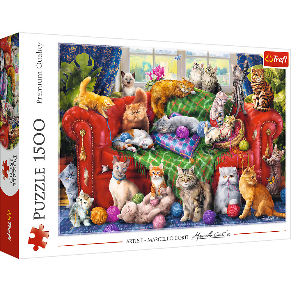 TREFL Jigsaw จิ๊กซอว์ 1500 ชิ้น รุ่น Kittens on the Sofa (85x58 cm.) ผลิตและนำเข้าจากยุโรป พร้อมส่ง