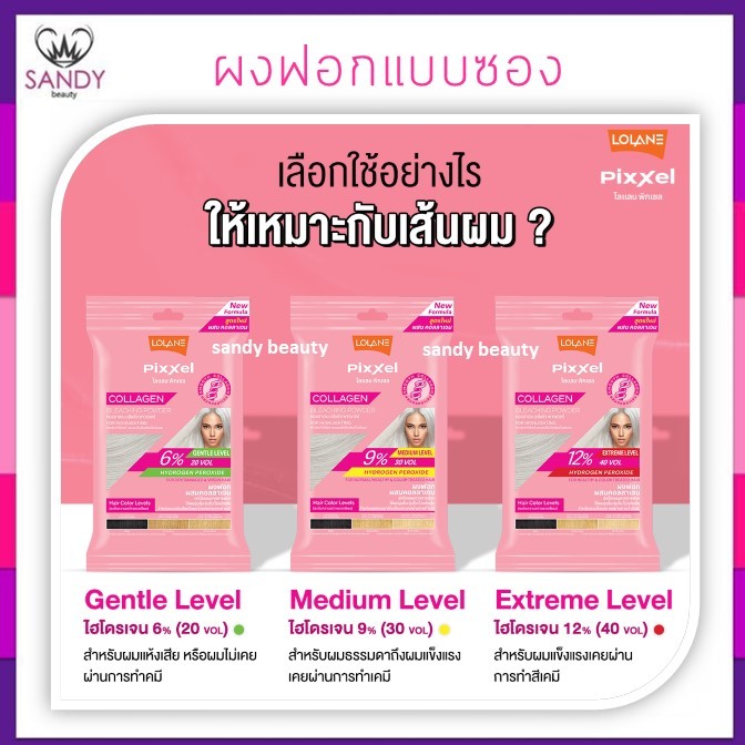 ถูกมาก!! ผงฟอกผสมคอลลาเจน Lolane โลแลน Pixxel Collagen  เพื่อการทำไฮไลต์,และยกระดับความสว่าง  15ml. ( ถุงชมพู )