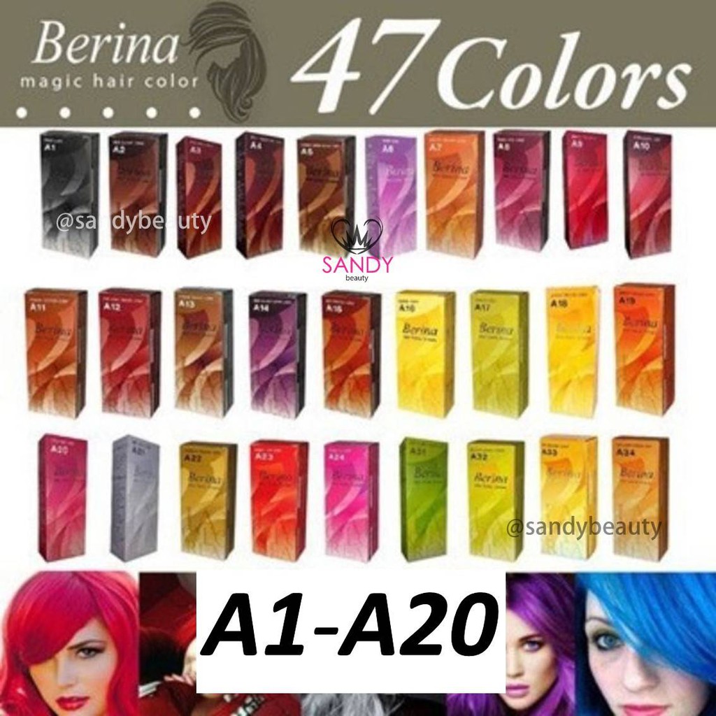 ขายดี! ครีมย้อมผม BERINA เบอริน่า A1-A20 *1กล่องเล็ก* แถมไฮ ปริมาณ 60 กรัม  ราคาถูก สีติดทน ผมไม่แห้งเสีย สามารถทำได้เอง