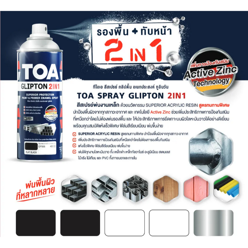 TOA SPRAY GLIPTON 2IN1 สีสเปรย์ ทีโอเอ พ่นงานเหล็ก สีรองพื้น และ ทับหน้า ในกระป๋องเดียว  (400cc)