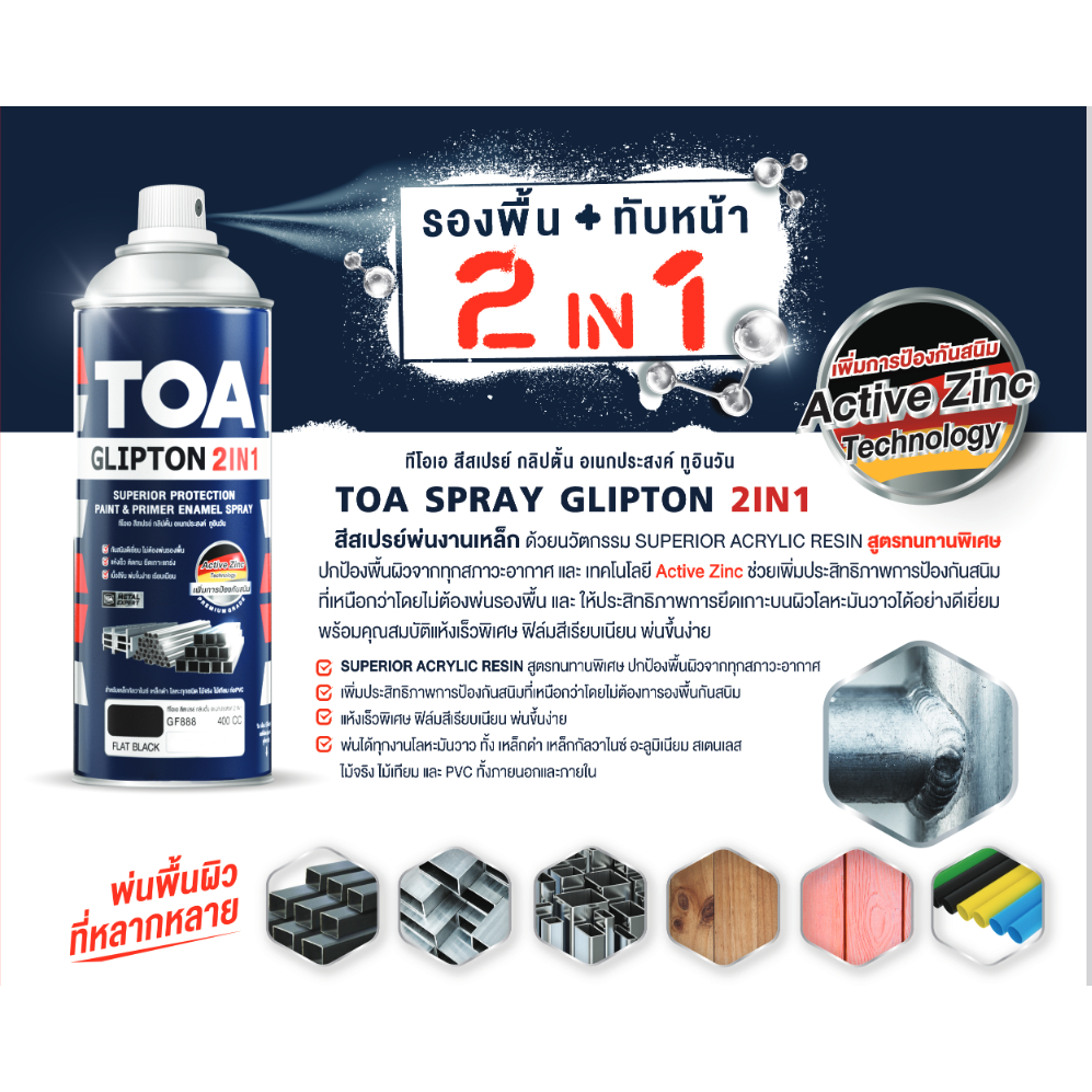 TOA (ยกกล่อง 6 กระป๋อง) สีสเปรย์ ทีโอเอ GLIPTON 2IN1 สีสเปรย์ พ่นงานเหล็ก สีรองพื้นและทับหน้า ในกระป๋องเดียว ขนาด 400cc.