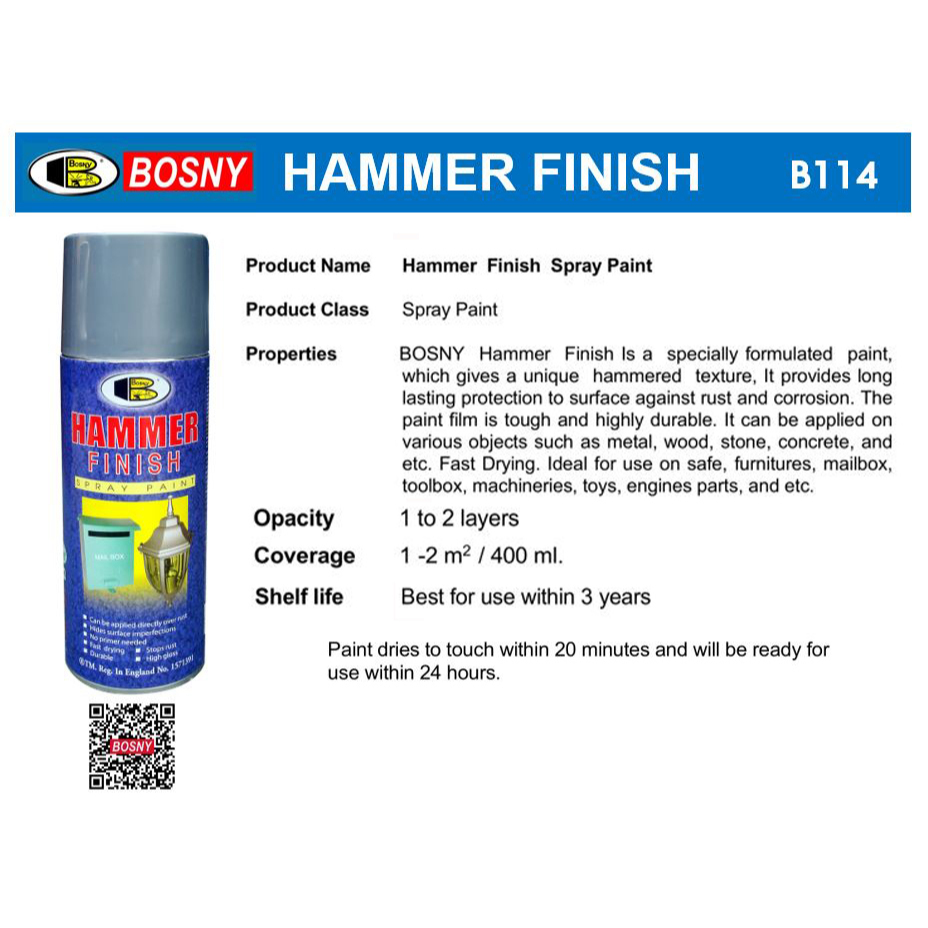 ฺBosny Hammer Finish สีสเปรย์ ลายฆ้อน #H001-H004  บอสนี่ ขนาด 400 CC.