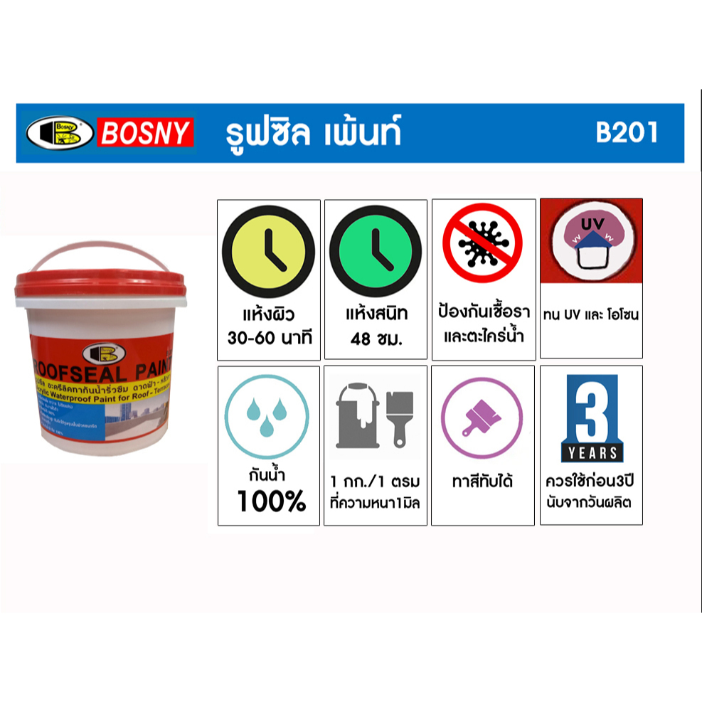Bosny Roofseal Paint บอสนี่ รูฟซีล เพ้นท์ สีทากันซึมสำหรับหลังคาและดาดฟ้า ขนาด 4 กก.