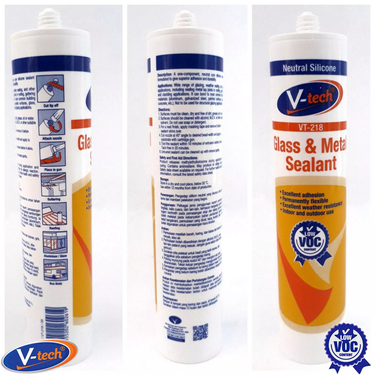 Vtech Glass & Metal Silicone Sealant VT-218 [หลอด] กาวซิลิโคน สำหรับ กระจก โลหะ อลูมิเนียม ขนาด 300 ml.