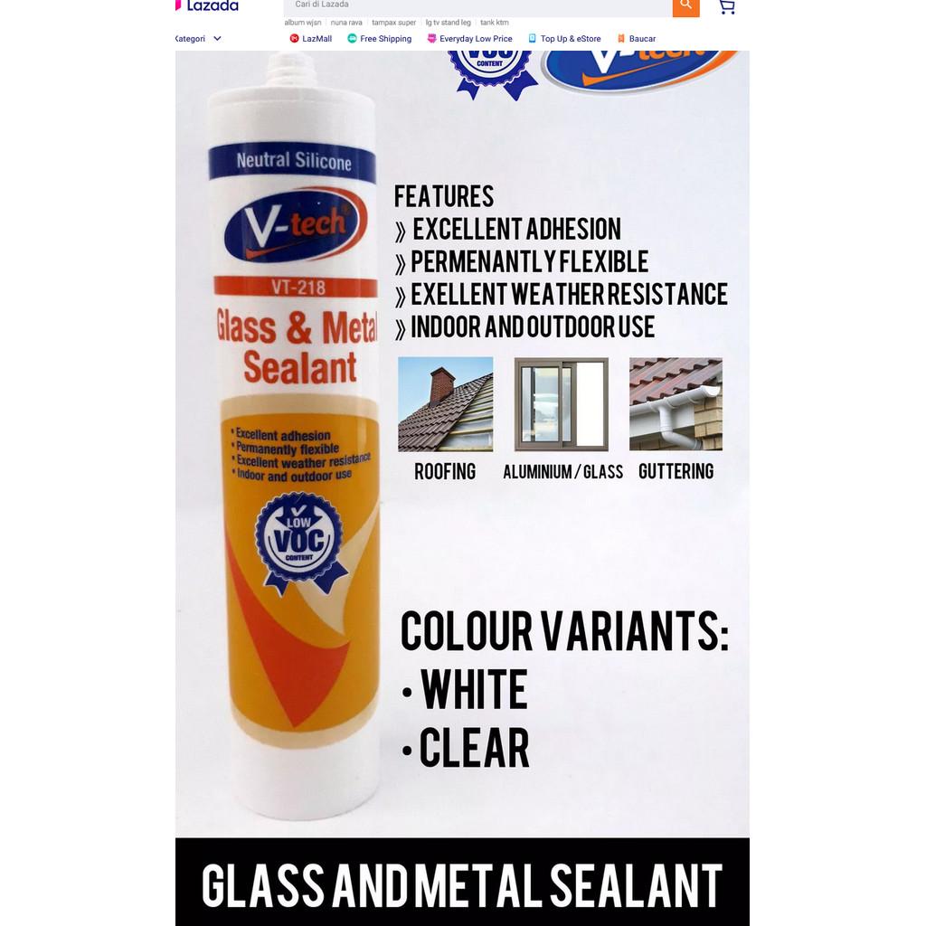 Vtech Glass & Metal Silicone Sealant VT-218 [หลอด] กาวซิลิโคน สำหรับ กระจก โลหะ อลูมิเนียม ขนาด 300 ml.