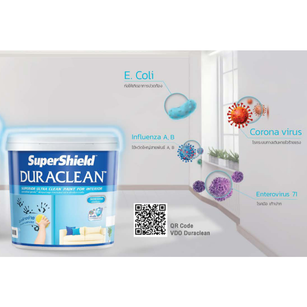 TOA Supershield Duraclean ทีโอเอ ซุปเปอร์ชิลด์ ดูราคลีน สีน้ำอะคริลิกสำหรับทาภายใน ชนิดกึ่งเงา ขนาด 2.5 GL.