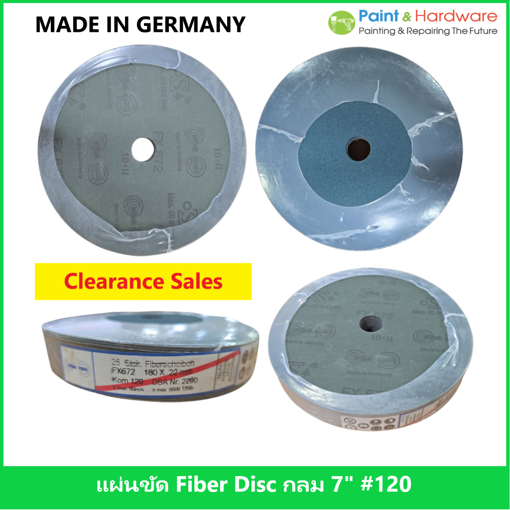FM Cora (25 แผ่นต่อแพ็ค) แผ่นขัด FiberDisc กระดาษทรายกลม 7นิ้ว FX672 180x22mm.เบอร์ 120 MADE IN GERMANY