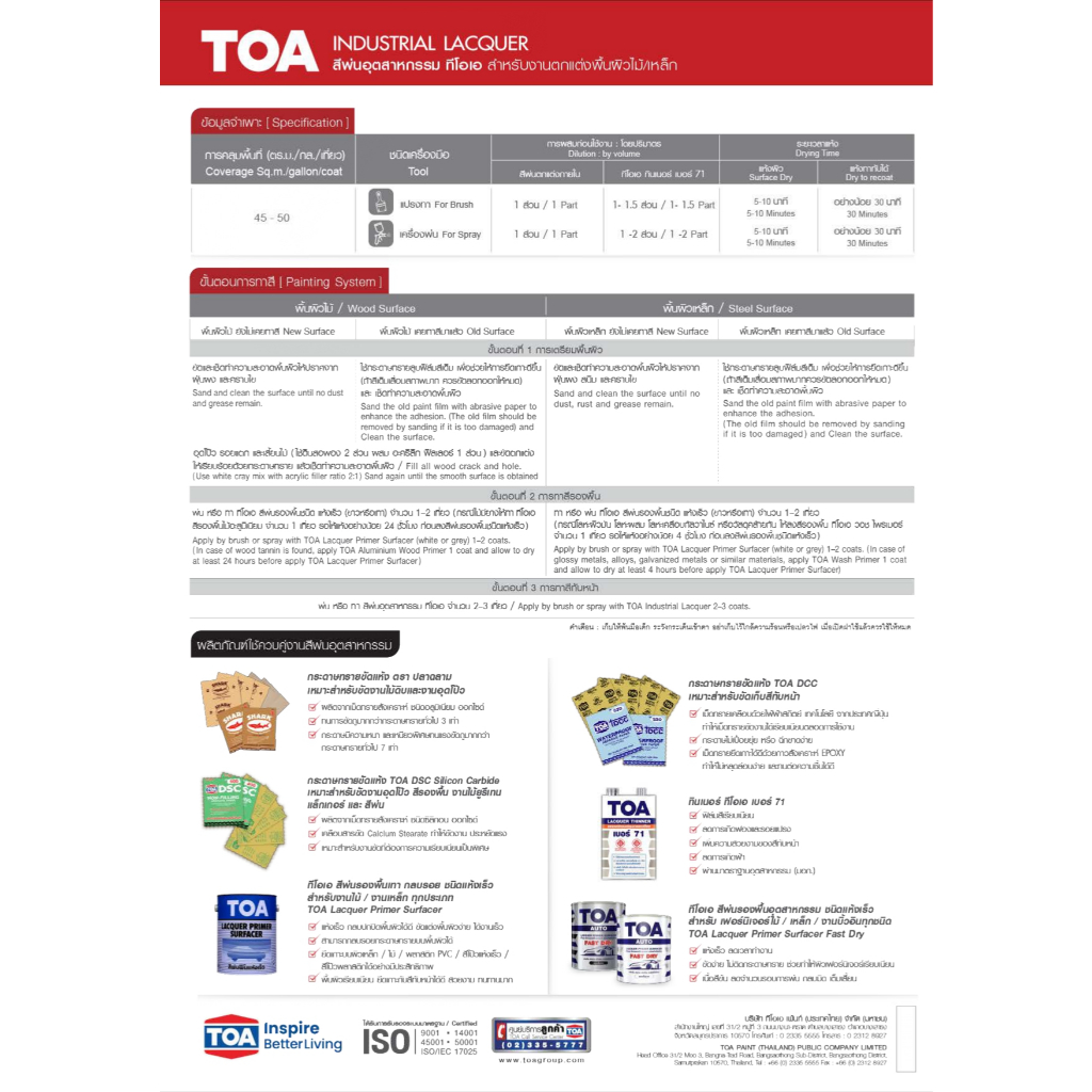 TOA INDUSTRIAL LACQUER ทีโอเอ สีพ่นอุตสาหกรรม สำหรับงานตกแต่งบนพื้นผิวไม้และเหล็ก