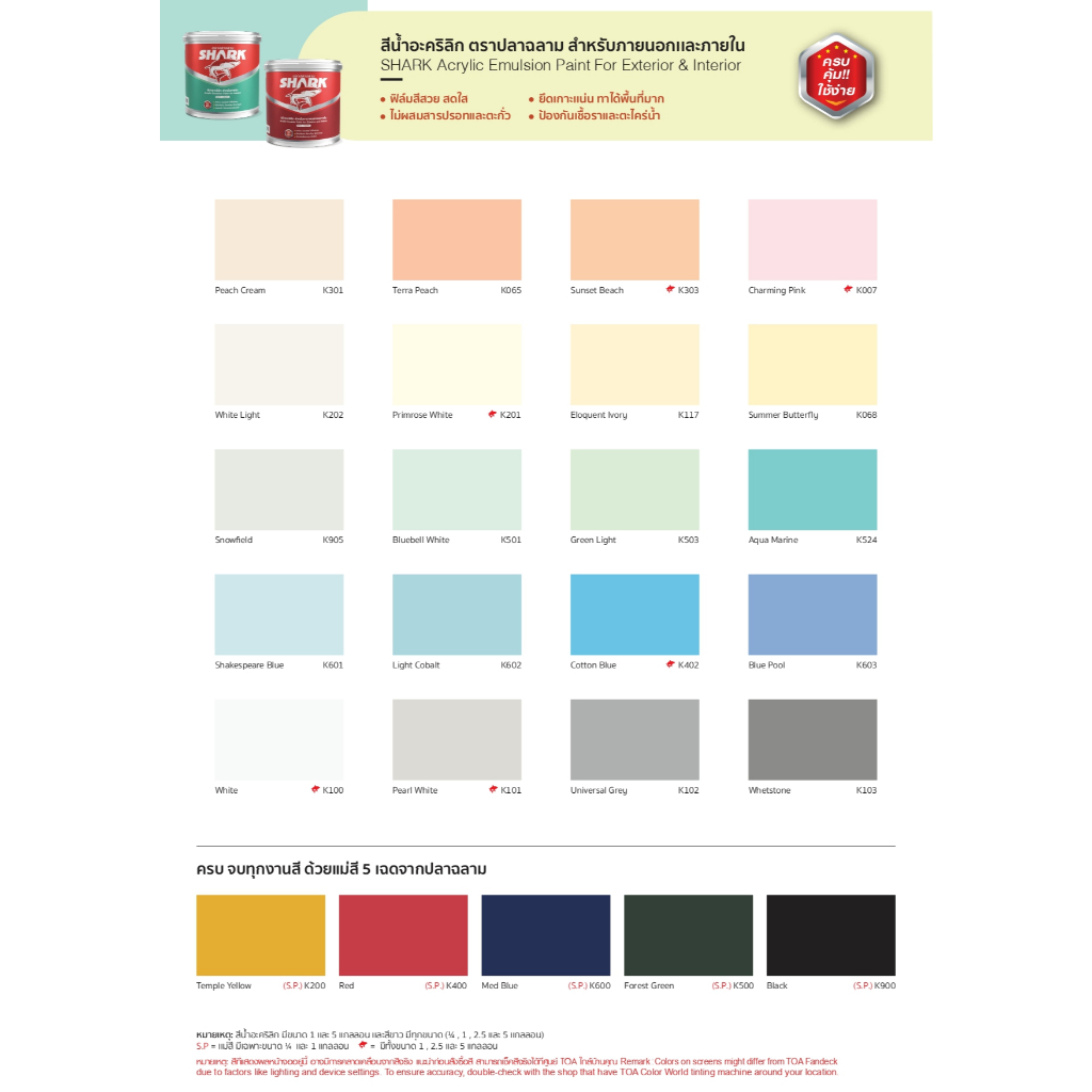 SHARK ตราปลาฉลาม สีน้ำอะคริลิก ชนิดด้าน สำหรับทาภายนอกและภายใน ขนาด 2.5 แกลลอน(9ลิตร) จาก TOA