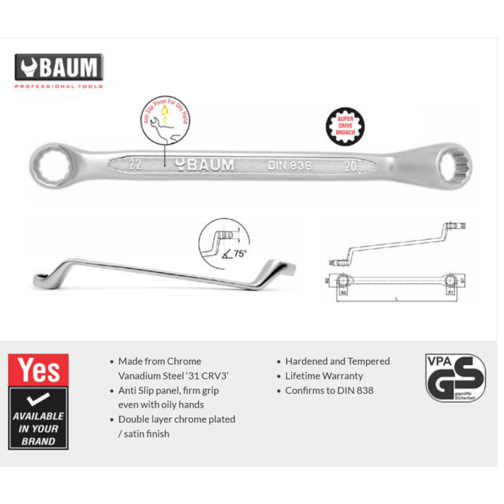ฺBaum ประแจแหวนคู่ (Double Ring Spanners) BAUM PROFESSIONAL TOOLS รุ่น Art-20