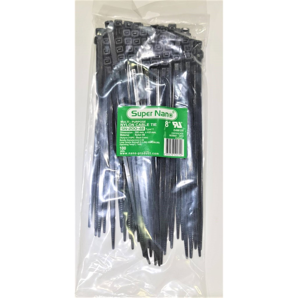 Nano เคเบิ้ลไทร์ ขาว/ดำ 8" 200mmx4.8mm SN-200-4 (100เส้น)  Nylon 66