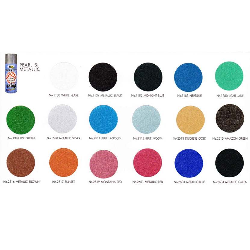 Bosny สีสเปรย์ บอสนี่ อะคริลิคแท้100% สีเมทัลลิคและสีมุก (Metallic & Pearl) บรรจุ 400cc. (300 กรัม)