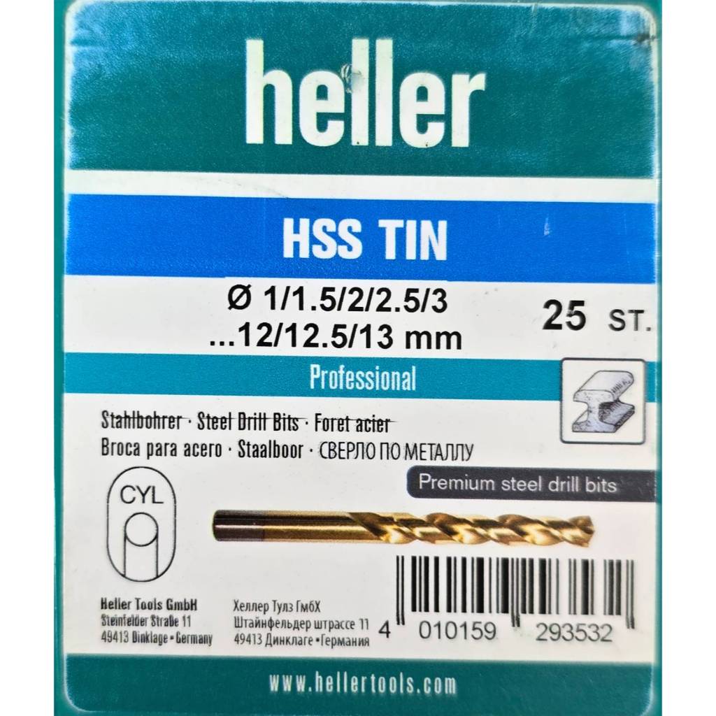Heller ชุด ดอกสว่านเจาะเหล็ก สเตนเลส ตัวสีทองชุบแข็งพิเศษ Heller HSS-Tin 25 ดอก/ชุด (เยอรมันแท้) ขนาด 1มม.-13มม.