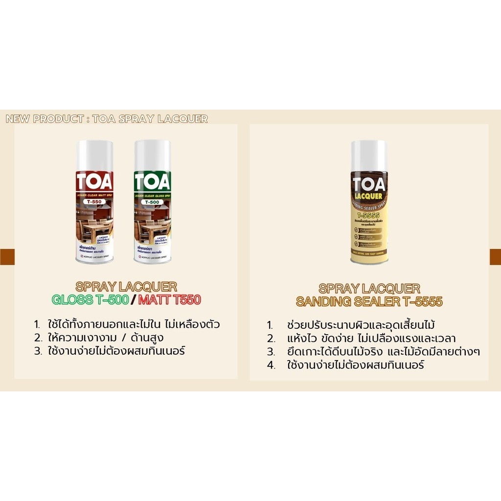 TOA สเปรย์ แลคเกอร์ไม้ 400cc. แลคเกอร์เงา ด้านและสีรองพื้นปรับระนาบผิว sanding sealer spray