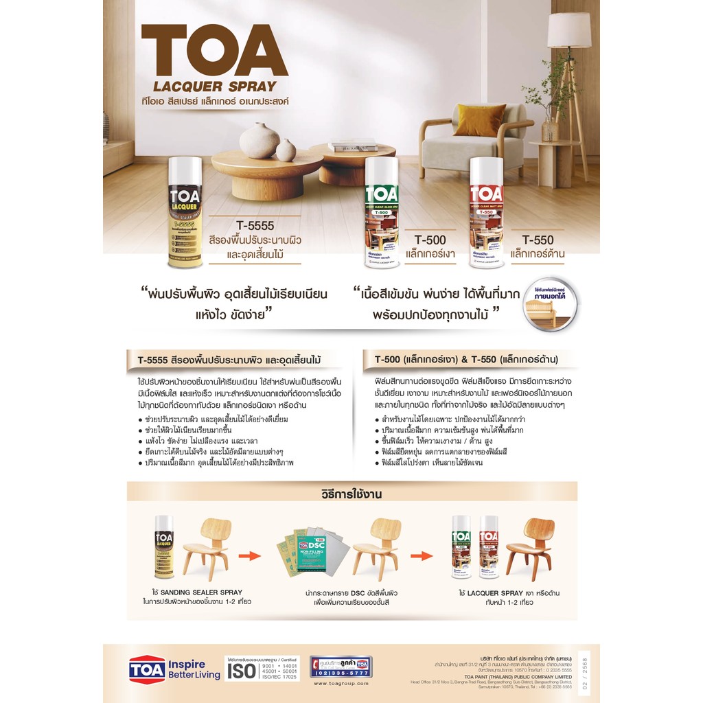 TOA สเปรย์ แลคเกอร์ไม้ 400cc. แลคเกอร์เงา ด้านและสีรองพื้นปรับระนาบผิว sanding sealer spray