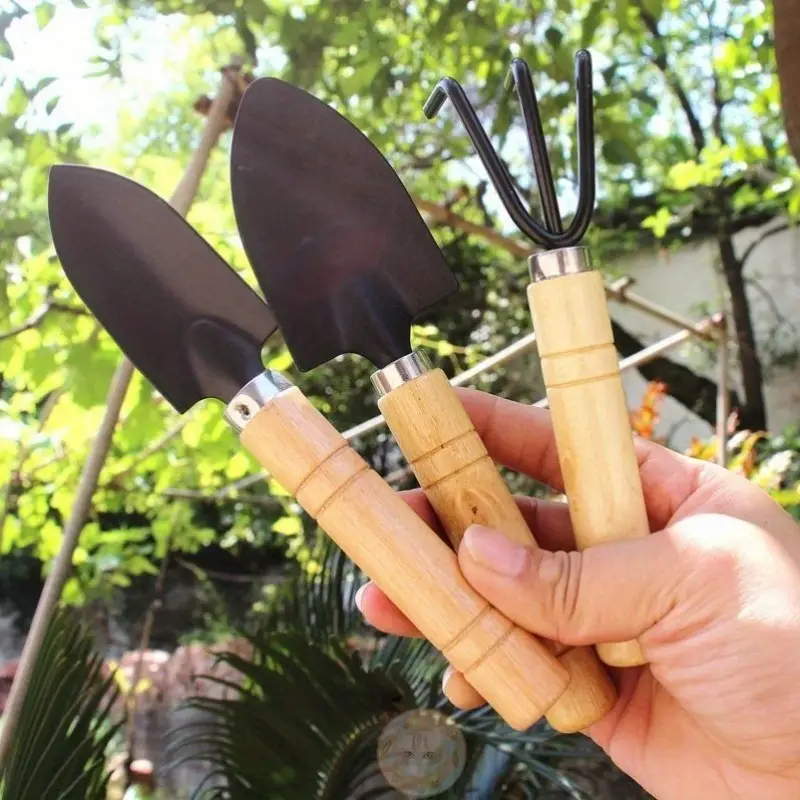 ชุดเครื่องมือทำสวนจิ๋ว 3 ชิ้น ด้ามไม้ (พลั่วมน 2+ส้อมพรวนดิน) อุปกรณ์พรวนดินขนาดเล็ก สำหรับไม้กระถาง