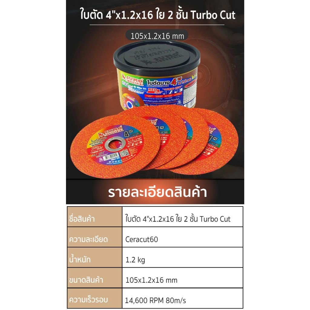 Sumo Red plus ใบตัด Turbo Cut 4" หนา 1.2 มม. สำหรับงานตัดสแตนเลส เหมาะกับชิ้นงานที่มีความหนา