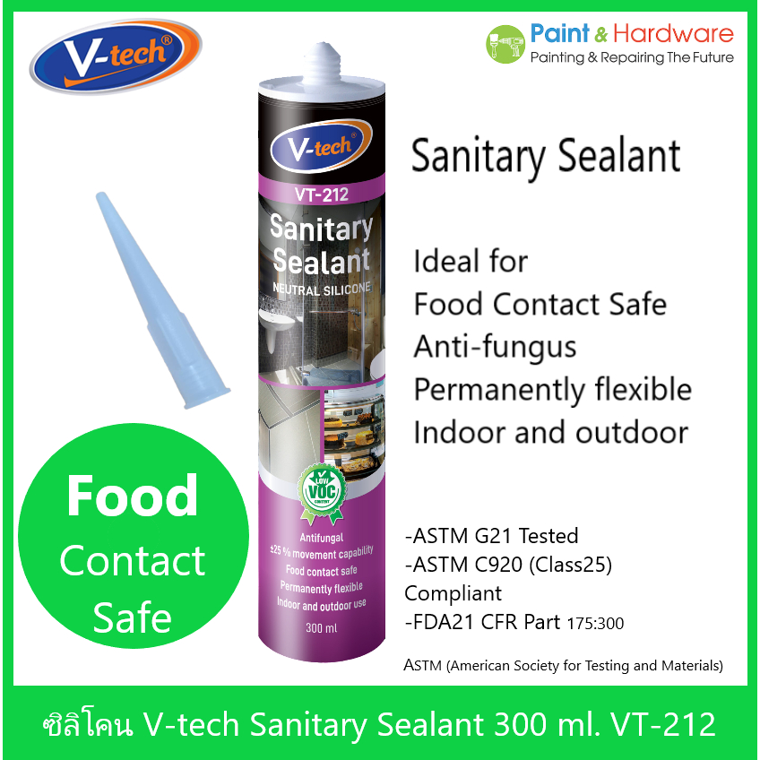 V-TECH ซิลิโคนแท้ ยาแนว กันเชื้อรา ไม่มีกรด ไร้กรด วีเทค VT-212 ขนาด 300 ml. เหมาะสำหรับห้องน้ำ ฟู๊ดเกรด Food Grade