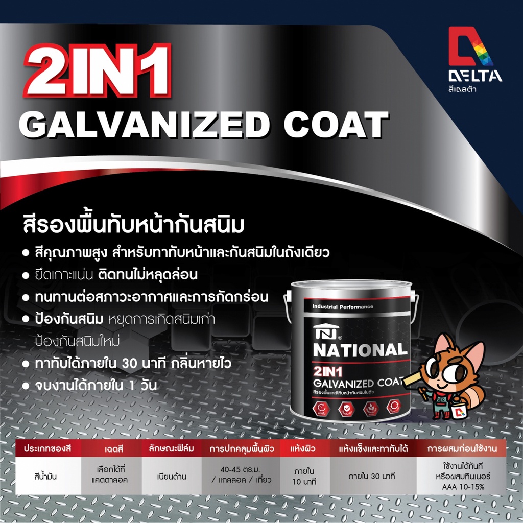 National สีรองพื้นและทับหน้า 2 in 1 Galvanized Coat 1/4GL สีน้ำมันคุณภาพสูงรวมรองพื้นและทับหน้าในถังเดียวกัน