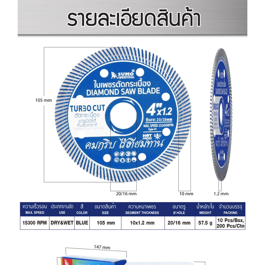 SUMO ใบเพชร ตัดกระเบื้อง สีน้ำเงิน ซูโม่ Turbo Cut 4"