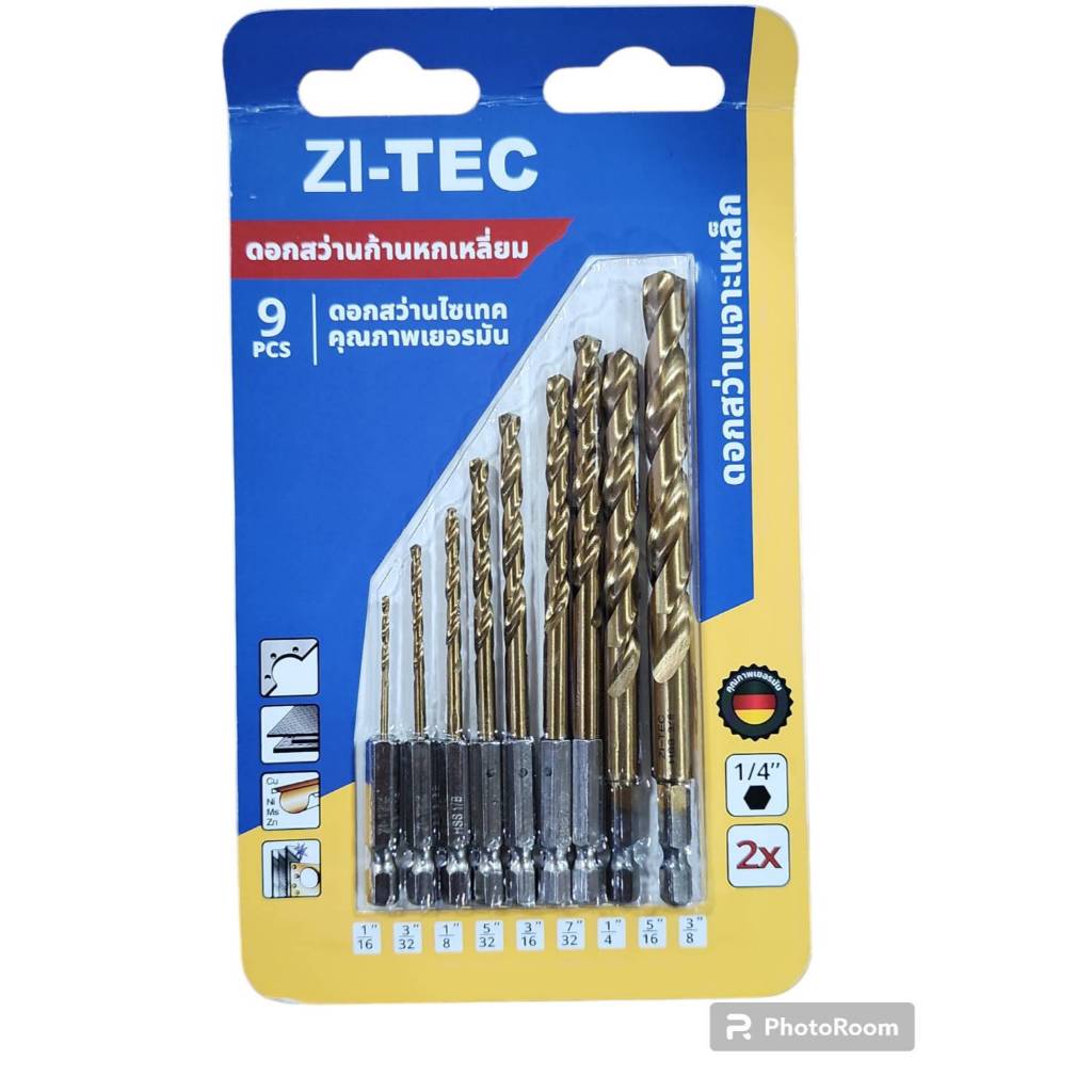 ZI-TEC ชุดดอกเจาะโลหะ HSS ก้านหกเหลี่ยม 1/4" สำหรับ สว่านไร้สาย จำนวน 9 ดอก