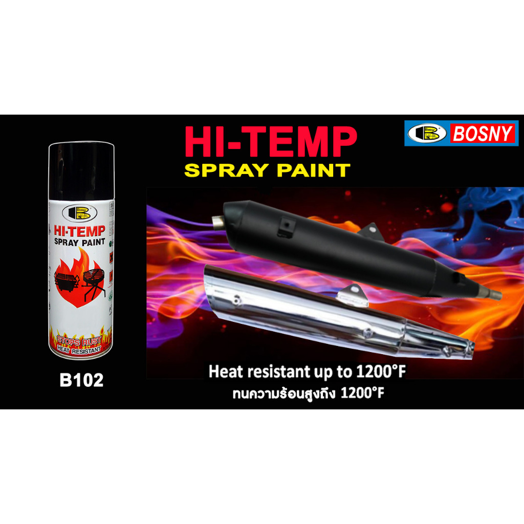 Bosny สีสเปรย์ทนความร้อน บอสนี่ 1200F แลคเกอร์เงา และ สีรองพื้นเทา ทนความร้อนสูง 400ml.