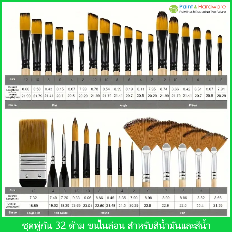 ชุดพู่กัน 32 ด้าม พู่กันระบายสี ขนไนล่อน หลายทรง สำหรับ สีอะคริลิคและสีน้ำมัน