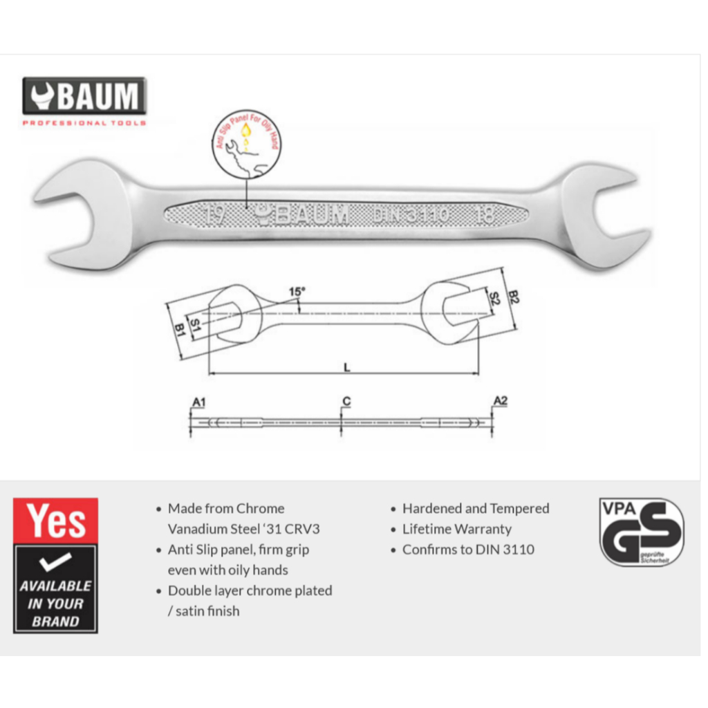 ฺBaum ประแจปากตาย 2 ข้าง ประแจปากตายคู่ BAUM PROFESSIONAL TOOLS Double Open End Spanners