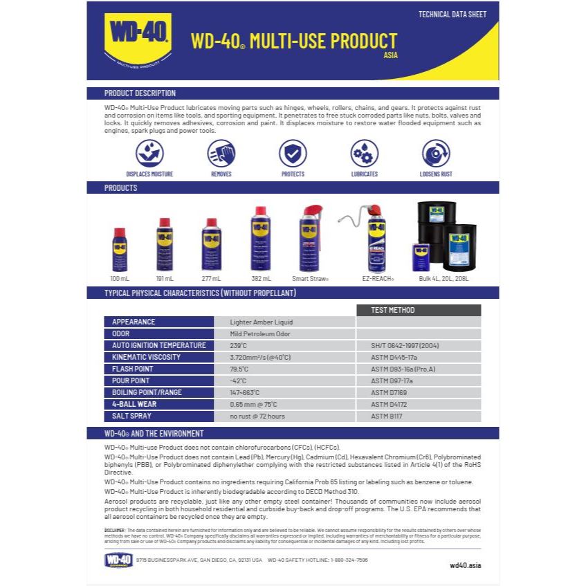 WD-40 น้ำมันอเนกประสงค์ ใช้สำหรับคลายติดขัด ไล่ความชื่น ทำความสะอาด และป้องกันสนิม ขนาด 4 ลิตร