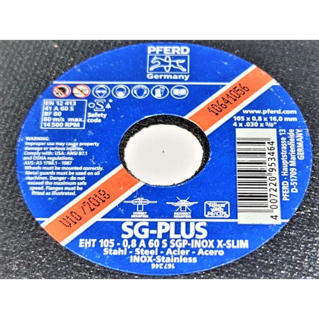 PFERD [ขายยกกล่อง 25 แผ่น] แผ่นตัดบาง 4" ตัดสเตนเลส 0.8มม. (105x0.8x16.0) EHT105-0,8 A6 S SGP-INOX X-SLIM แผ่นตัดบาง