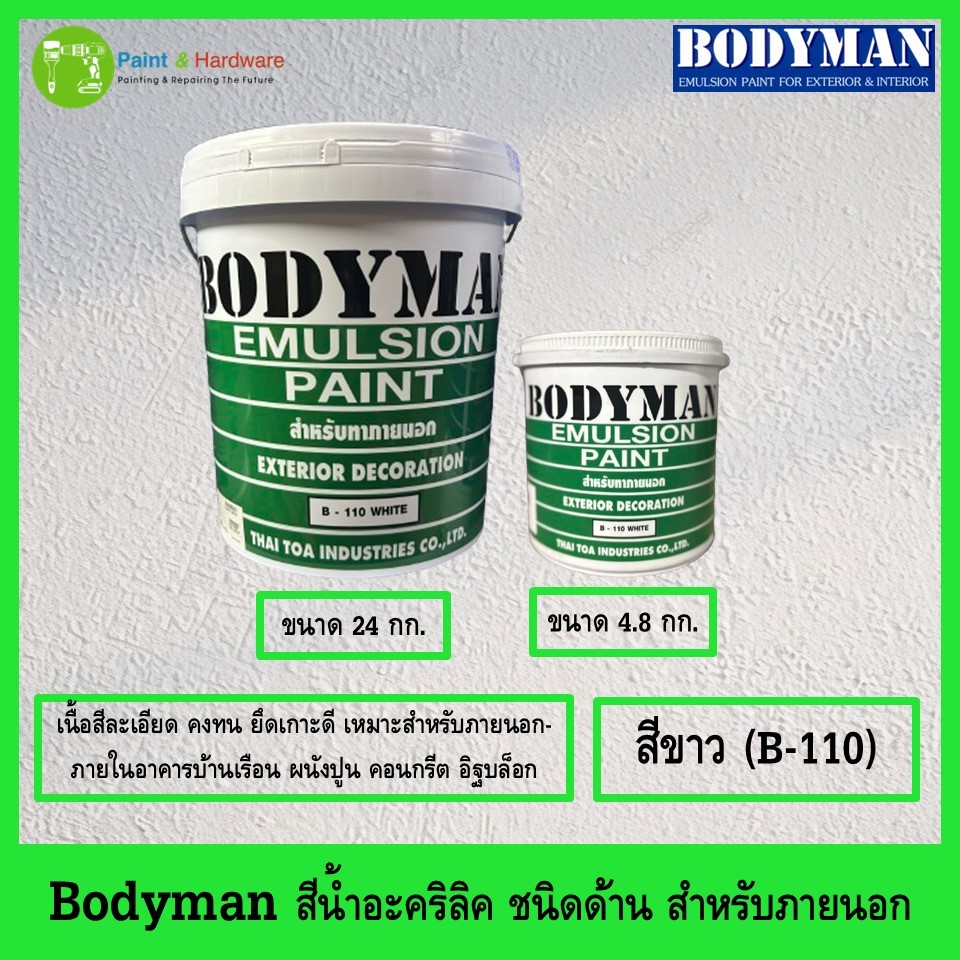 Bodyman บอดี้แมน สีน้ำอะคริลิคทาภายนอกชนิดด้าน ขนาด 1 แกลลอนและ 5 แกลลอน(สีขาว) สำหรับทาภายนอก